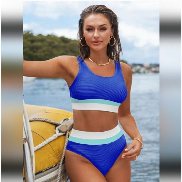 Cupshe Blue Bikini Medium High Waisted Swim Suit Bathing Suit New Colorblock - Picture 1 of 6